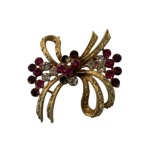 Vintage CORO Pin Brooch Pink Purple Gold-Tone Ribbon Signed Missing Stones - Picture 4 of 11